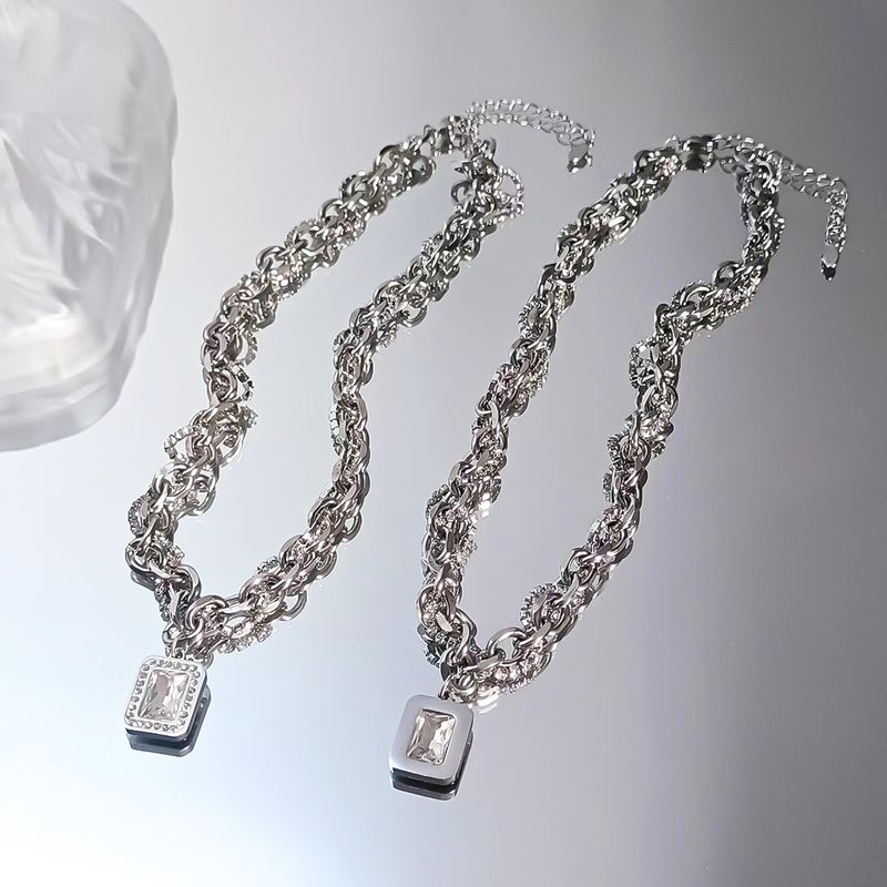 Wholesale Hip-hop Rectangle Titanium Steel Zircon Pendant Necklace