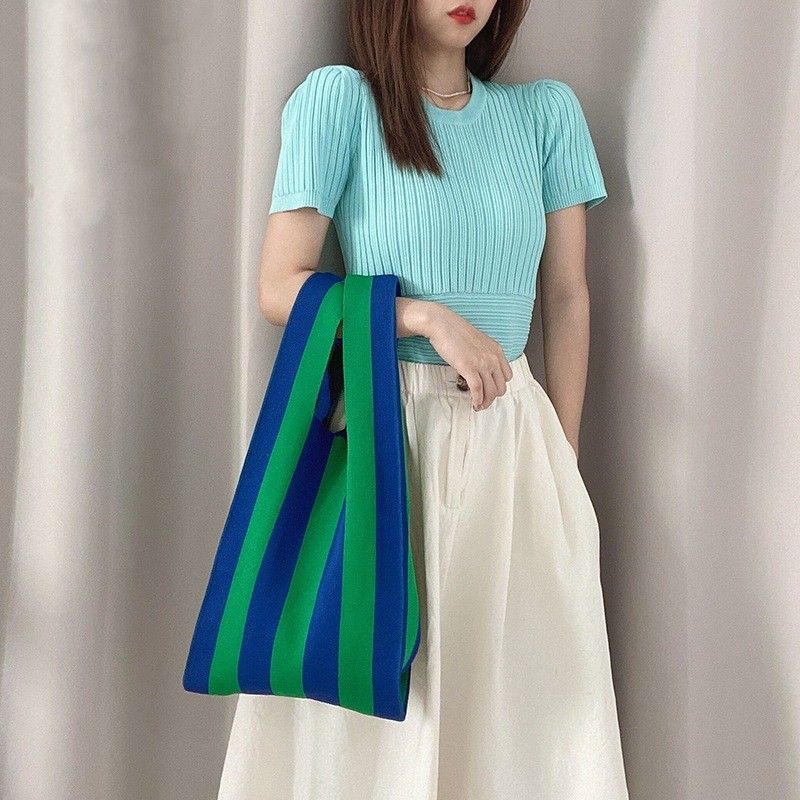 Women's Basic Stripe Polyester Shopping Bags
