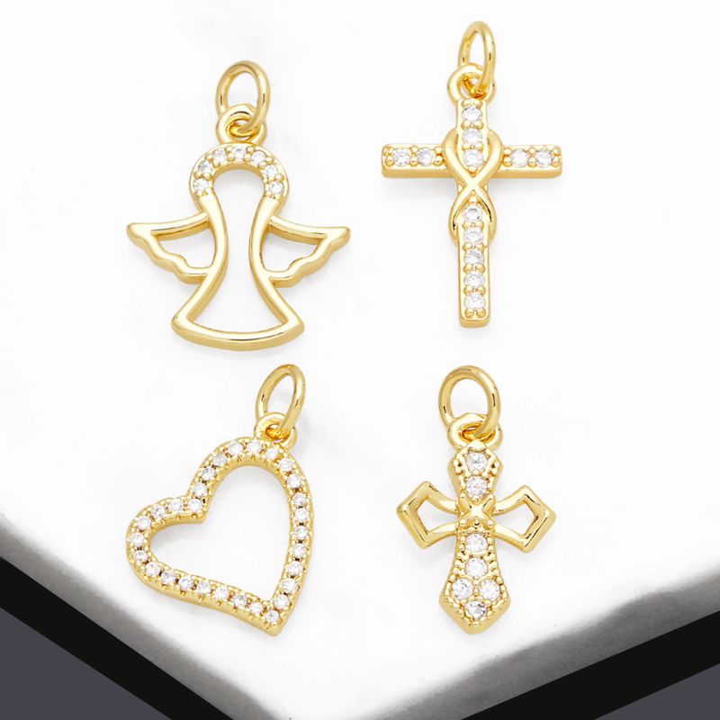 Ins Style Cross Angel Heart Shape Copper Plating Zircon 18k Gold Plated Pendants Jewelry Accessories