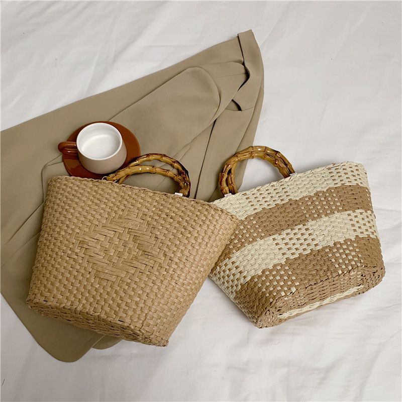 Women's Summer Straw Solid Color Basic Square Open Tote Bag Straw Bag