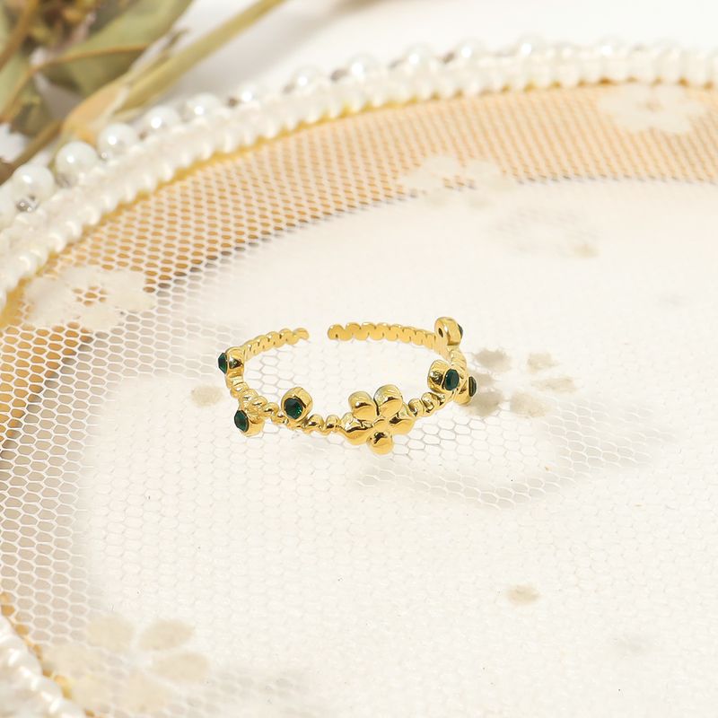 Einlege Diamant 18k Vergoldeter Offener Ring Mit Blumen-titanstahl
