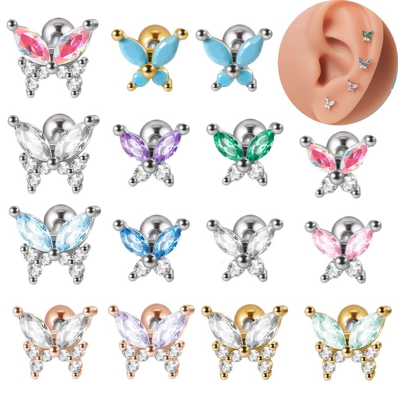 1 Piece Artistic Butterfly Stainless Steel Inlay Turquoise Zircon Ear Studs