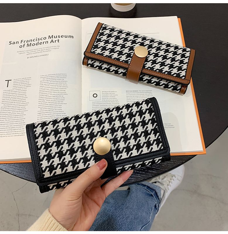 Women's Houndstooth Pu Leather Canvas Zipper Buckle Wallets