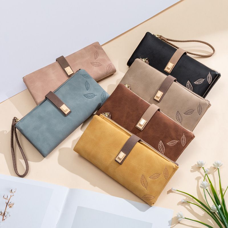 Women's Leaves Solid Color Pu Leather Zipper Buckle Wallets