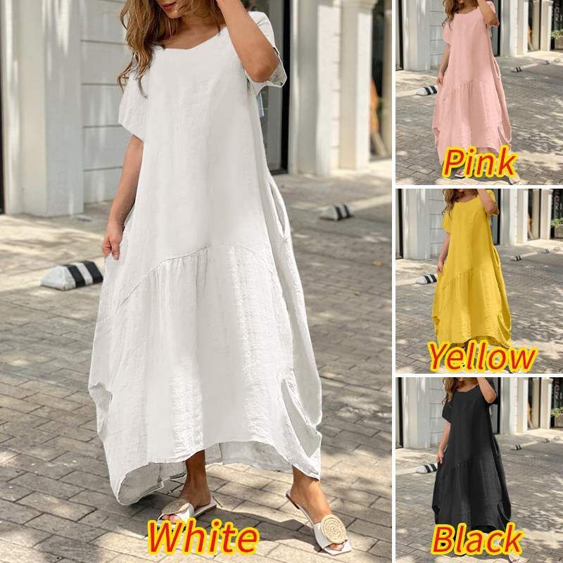 Women's A-line Skirt Casual V Neck Patchwork Short Sleeve Solid Color Maxi Long Dress Daily