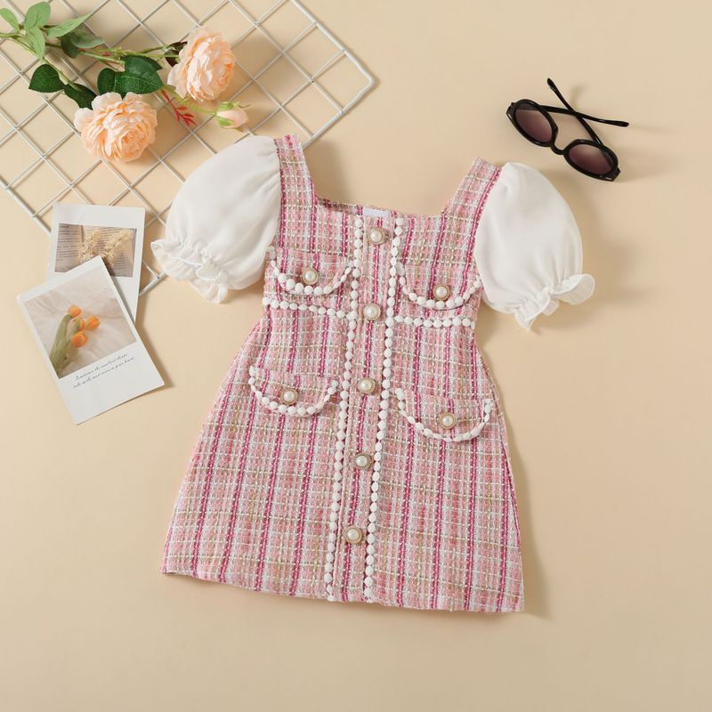Elegant Farbblock Gefälschte Taschen Vordertasche Perle Baumwolle Mädchen Kleider