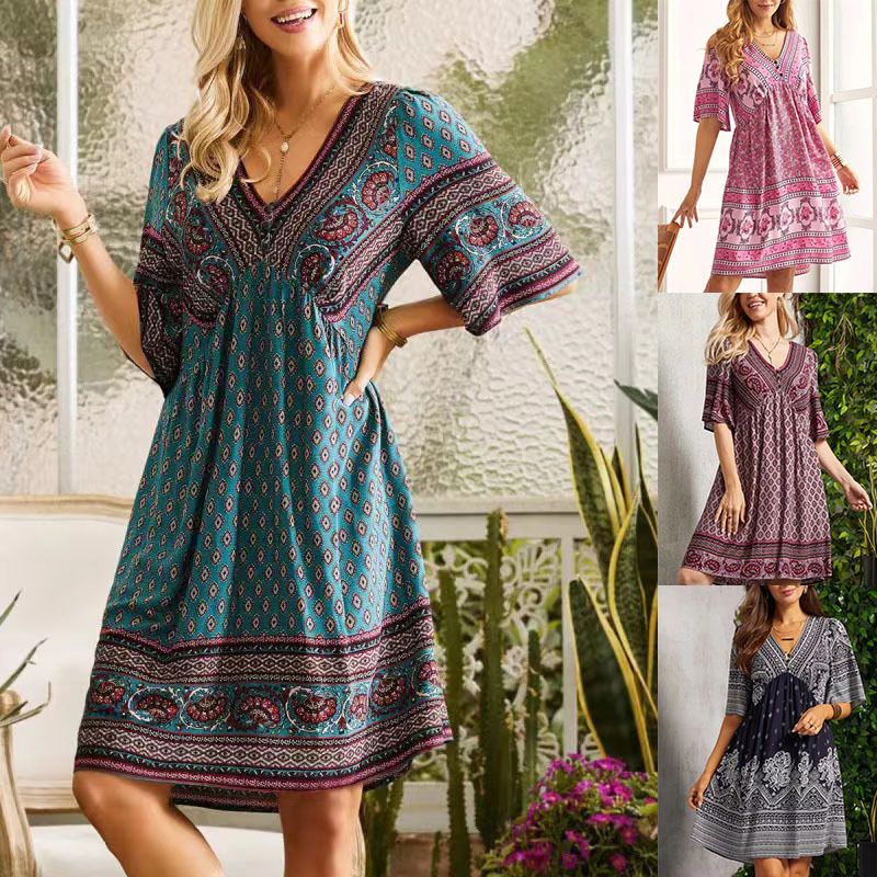 Women's Regular Dress Casual Ethnic Style V Neck Printing Patchwork Half Sleeve Plaid Above Knee Casual Outdoor Daily