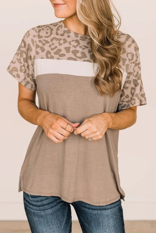 Women's T-shirt Short Sleeve T-shirts Printing Contrast Binding Casual Leopard
