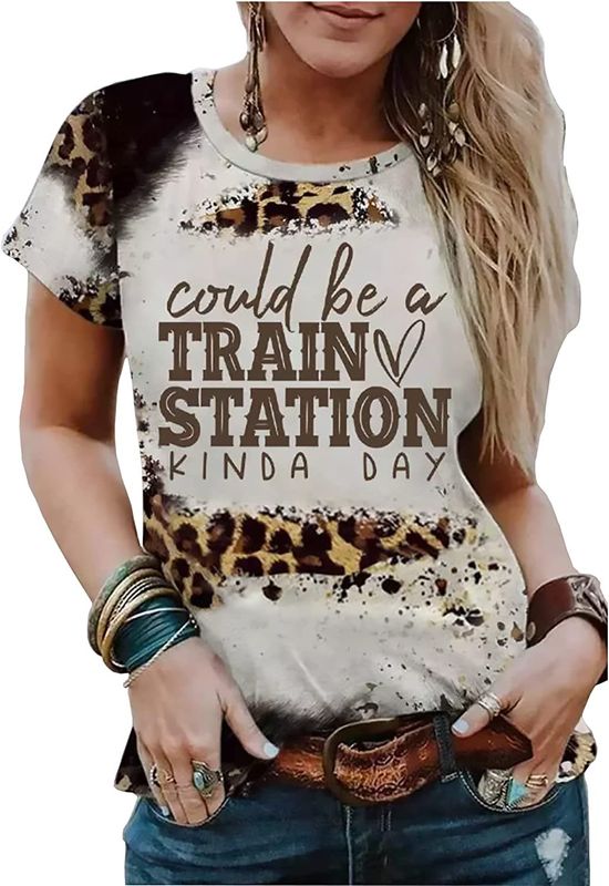 Women's T-shirt Short Sleeve T-shirts Printing Vintage Style Letter Leopard