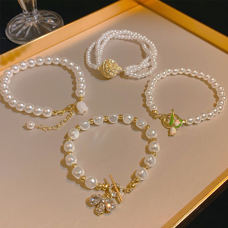 Sucré Fleur Noeud D'arc Perle D'imitation Femmes Bracelets