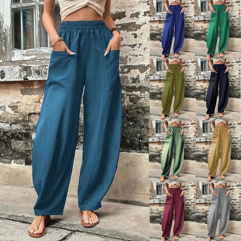 Mujeres Calle Casual Color Sólido Longitud Total Bolsillo Labor De Retazos Pantalones Casuales