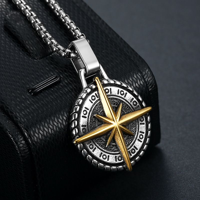 Retro Compass Star Titanium Steel Polishing Men's Pendant Necklace