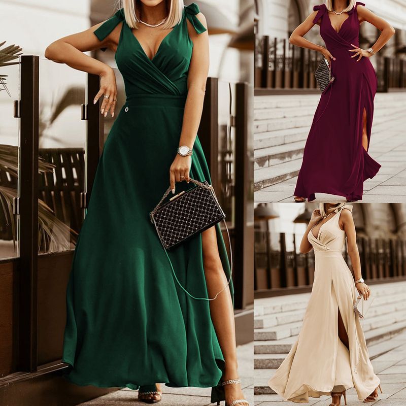 Fashion Solid Color V Neck Sleeveless Patchwork Polyester Maxi Long Dress Slit Dress