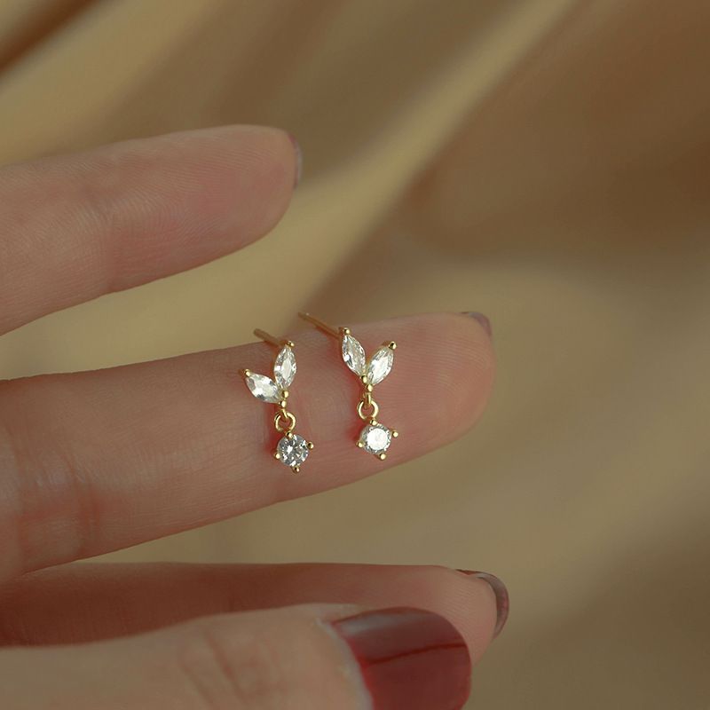 1 Pair Simple Style Leaf Sterling Silver Plating Inlay Zircon Ear Studs