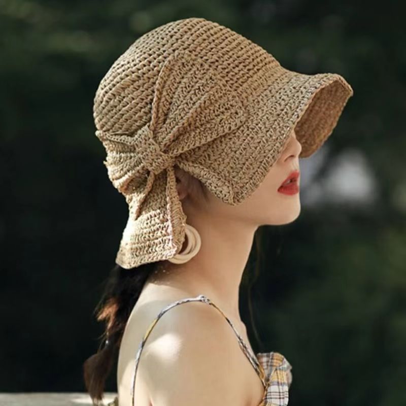 Women's Casual Bow Knot Braid Wide Eaves Straw Hat