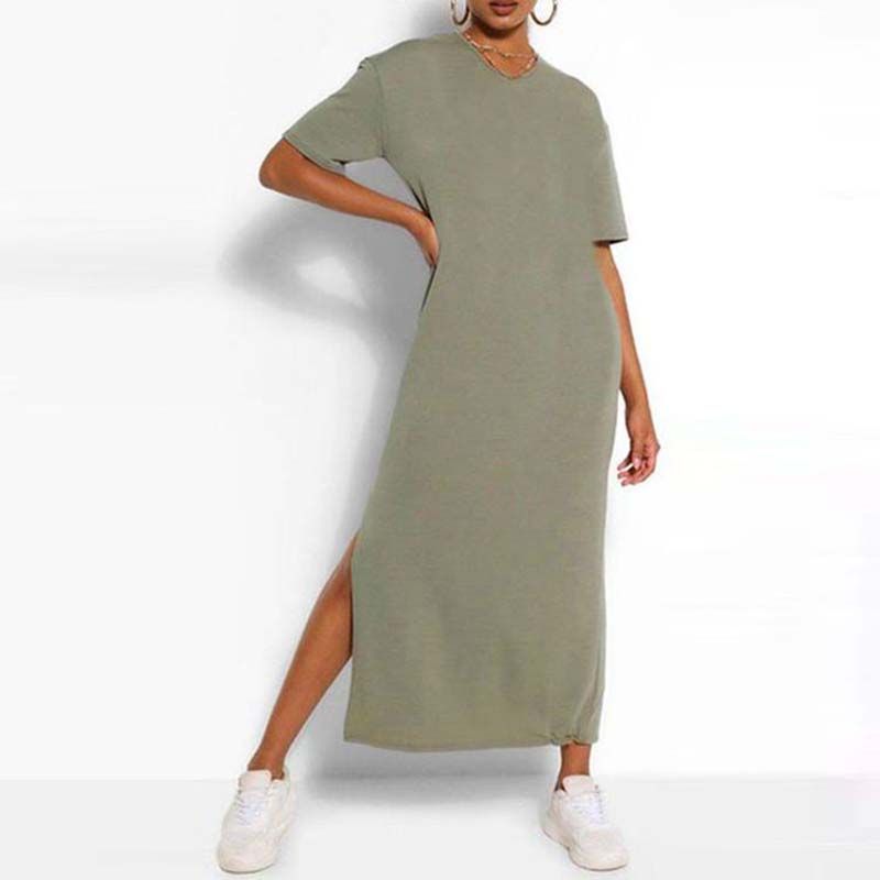 Women's Regular Dress Casual Round Neck Asymmetrical Slit Short Sleeve Solid Color Maxi Long Dress Daily