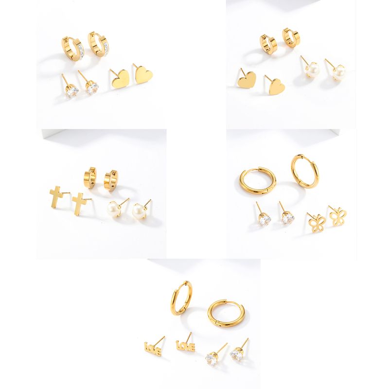 3 Pairs Fashion Simple Style Cross Heart Shape Butterfly Stainless Steel Plating Inlay Pearl Zircon Ear Studs