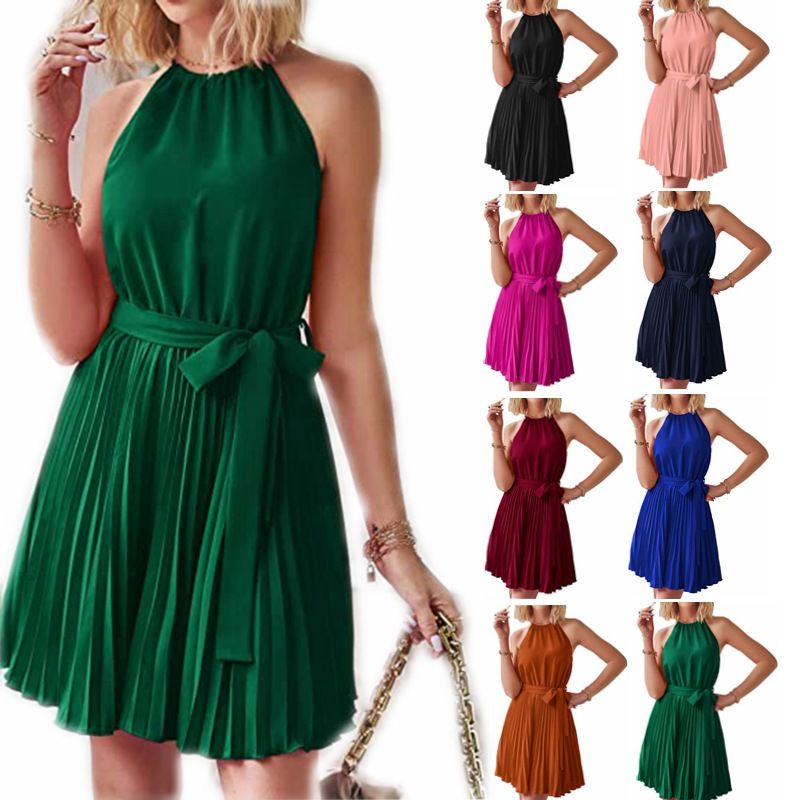 Women's Chiffon Dress Elegant Halter Neck Ruched Sleeveless Solid Color Knee-Length Daily