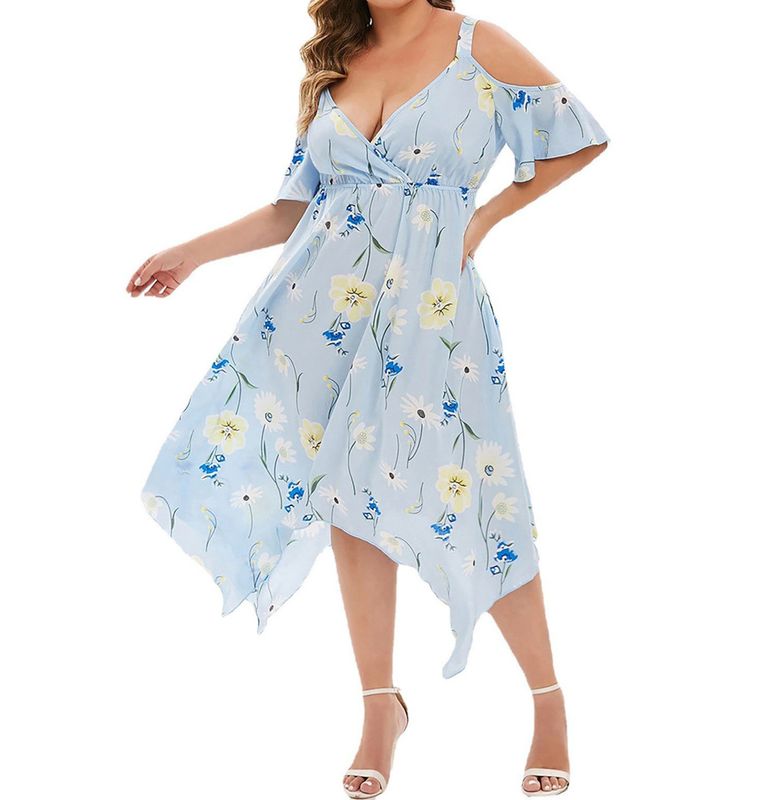 Fashion Flower V Neck Short Sleeve Printing Polyester Midi Dress Irregular Skirt