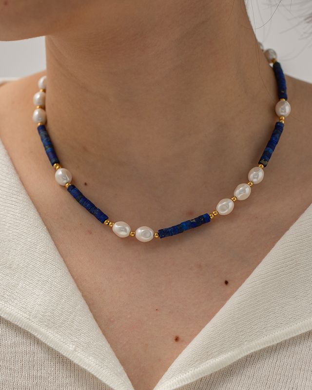 1 Pièce Style Ins Rond Acier Inoxydable Perle D'eau Douce Lapis Lazuli Perlé Placage Collier
