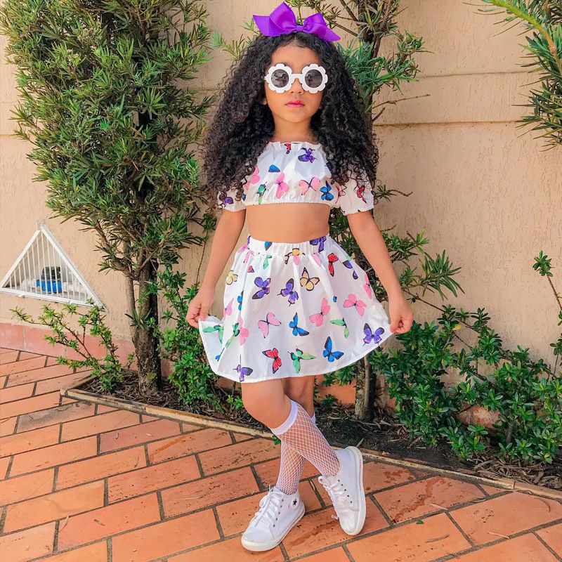 Fashion Butterfly Printing Polyester Girls Clothing Sets