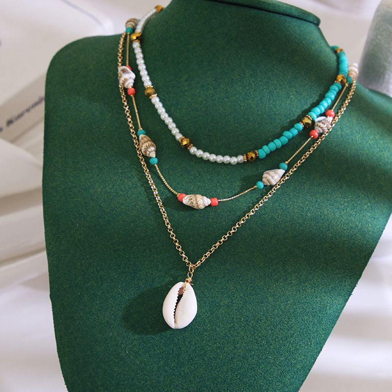Bohémien Conque Coquille Perle Artificielle Turquoise Métal Placage Femmes Collier En Couches
