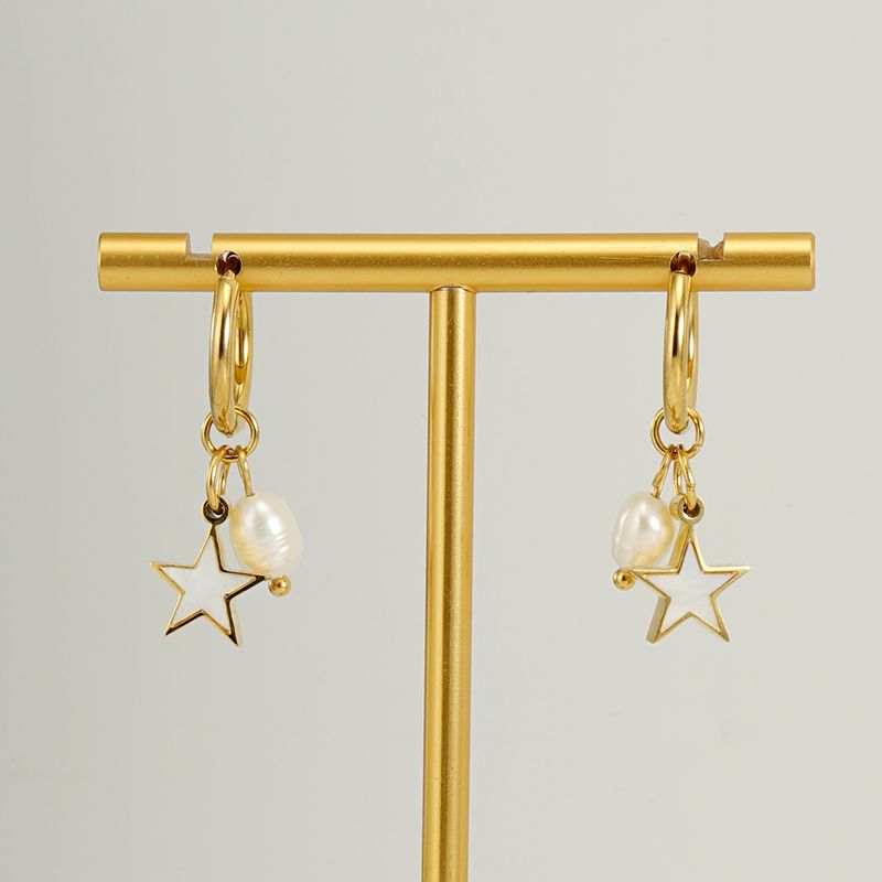 1 Pair Fashion Star Pearl Plating Inlay Stainless Steel Shell 18k Gold Plated Drop Earrings