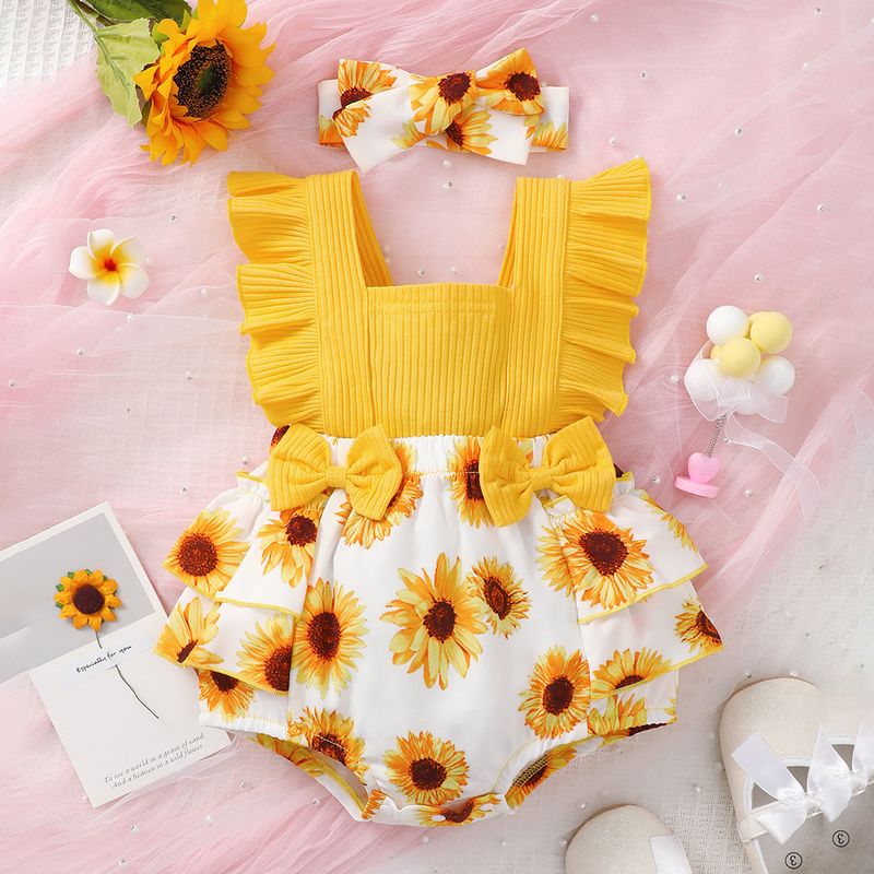 Cute Sunflower Printing Polyester Baby Rompers