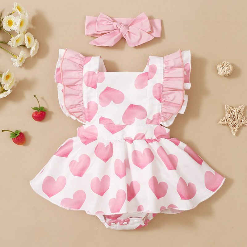 Cute Heart Shape Flower Printing Polyester Girls Dresses