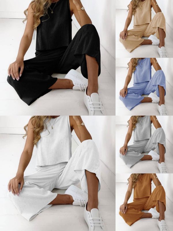 Women's Casual Solid Color Cotton Blend Patchwork Pants Sets