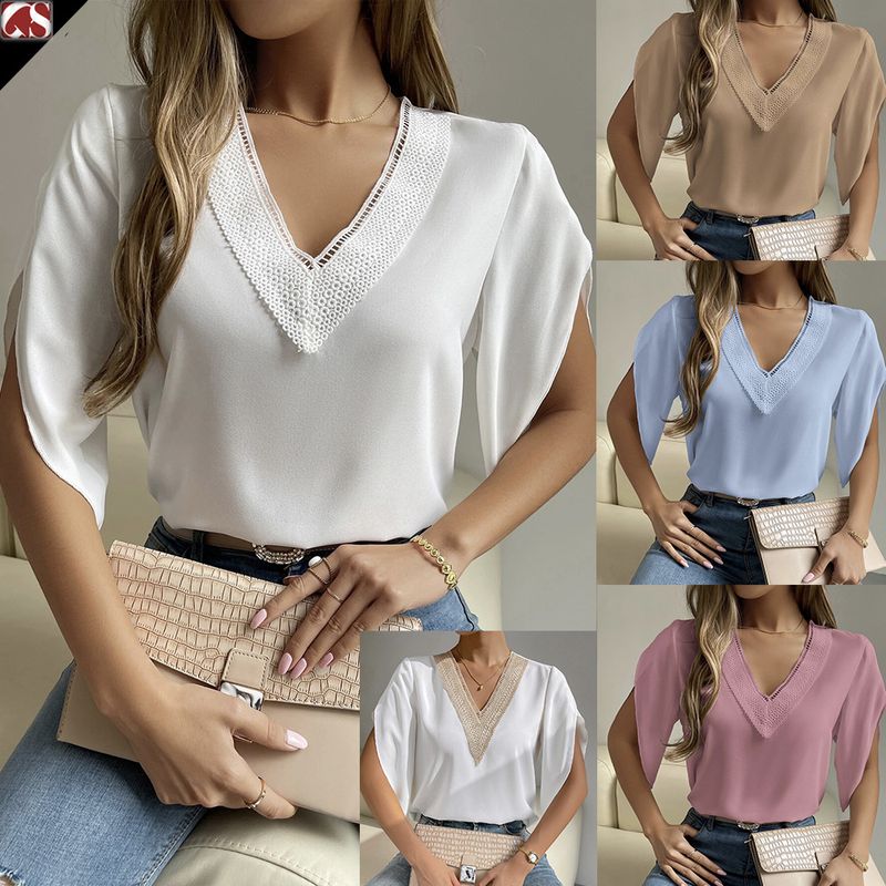 Women's Blouse Half Sleeve T-shirts Patchwork Lace Fashion Solid Color