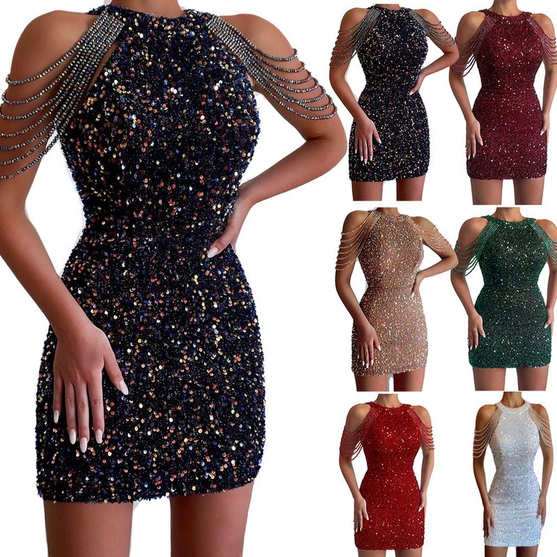 Sexy Solid Color Halter Neck Sleeveless Sequins Patchwork Spandex Polyester Above Knee Party Dress