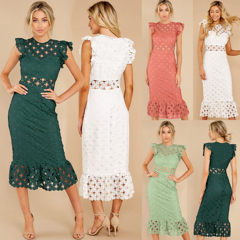Women's A-line Skirt Fashion Round Neck Lace Short Sleeve Solid Color Maxi Long Dress Holiday Street