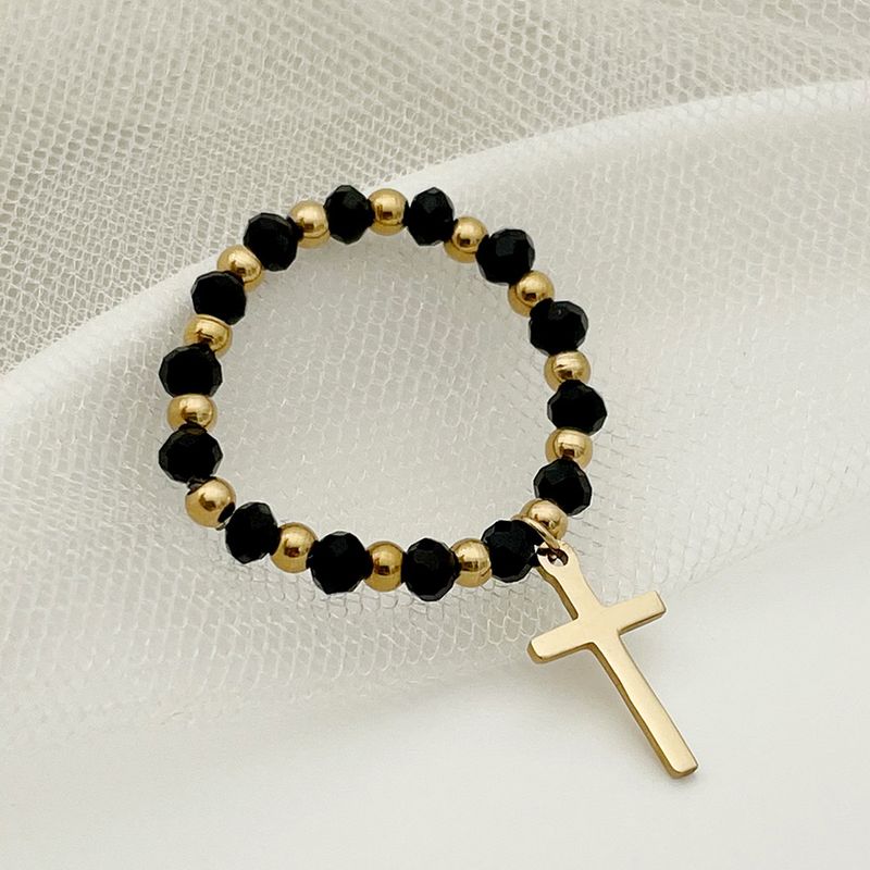 304 Stainless Steel 14K Gold Plated Fashion Beaded Cross Rings