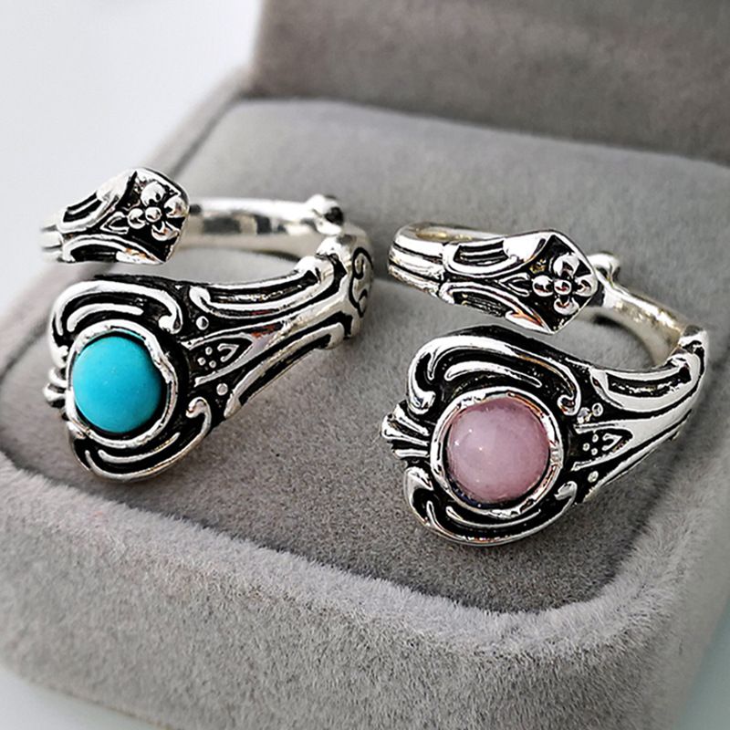 1 Piece Vintage Style Color Block Alloy Plating Inlay Artificial Gemstones Turquoise Silver Plated Women's Open Ring