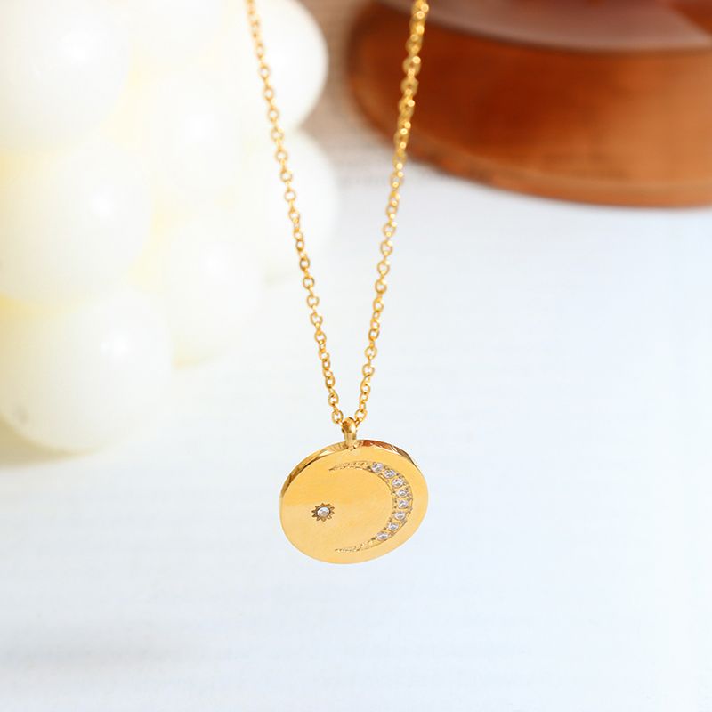 Japanese And Korean Simple Temperament Round Zircon Crescent Moon Necklace Female Titanium Steel Material Color Retention One Piece Dropshipping