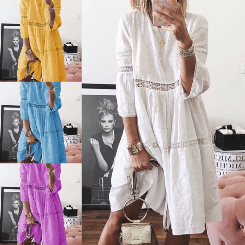 Women's A-line Skirt Vacation Round Neck Jacquard Half Sleeve Solid Color Midi Dress Holiday Street