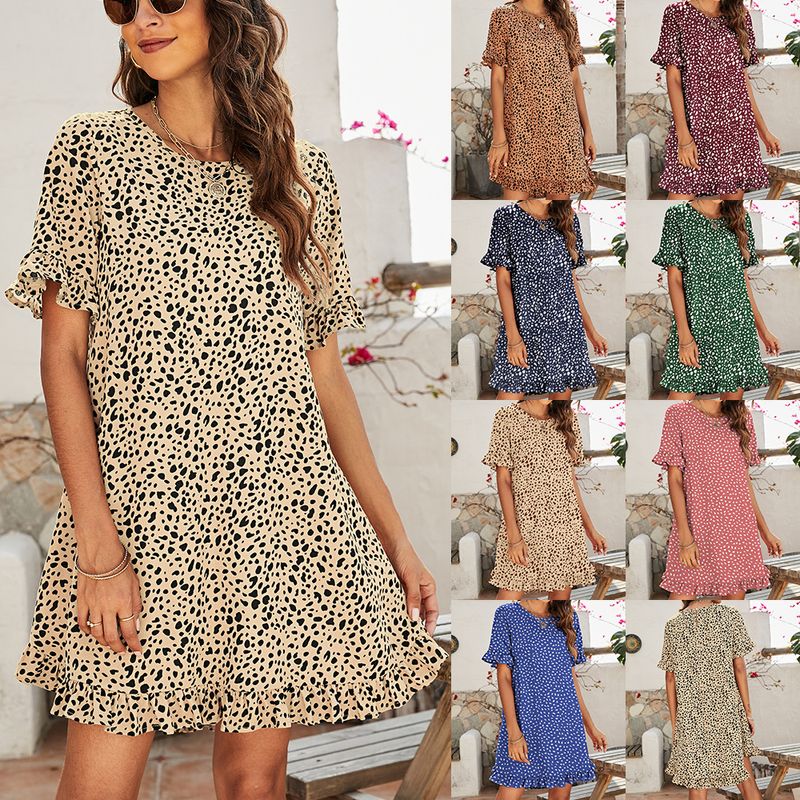 Women's A-line Skirt Fashion Round Neck Printing Short Sleeve Leopard Knee-length Daily