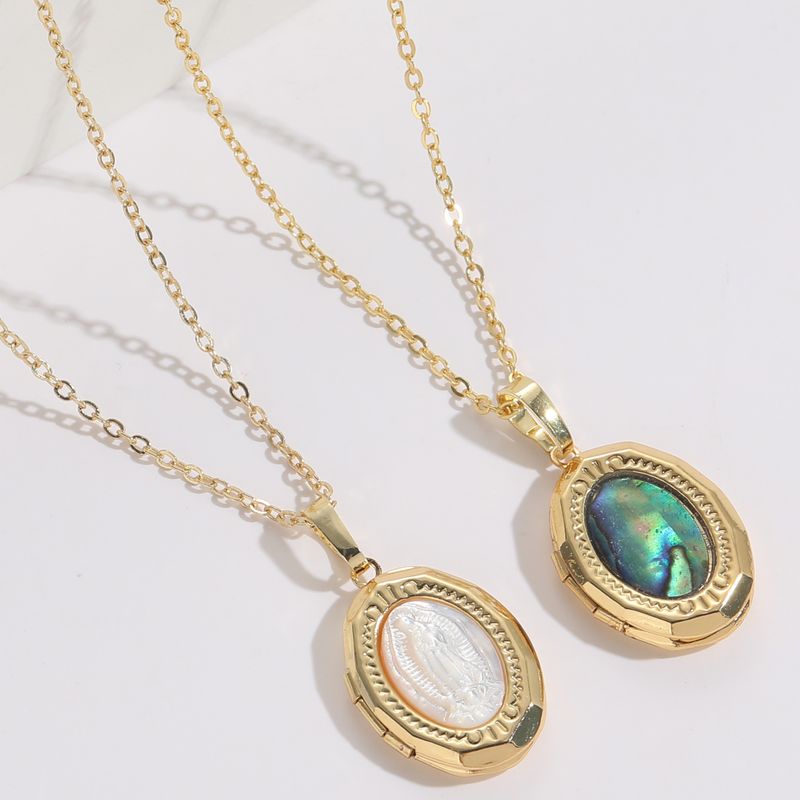 1 Piece Retro Oval Copper Inlay Shell Pendant Necklace