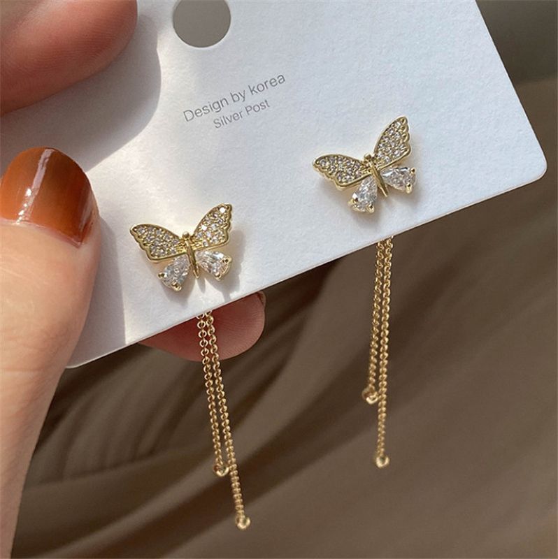 1 Par Señora Moda Mariposa Metal Borla Enchapado Embutido Piedras Preciosas Artificiales Mujeres Pendientes De Gota