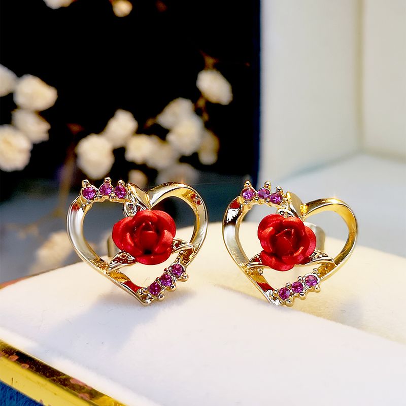 New Women's Love Rose Stud Earrings Gold Plated Inlaid Zircon Romantic Earrings