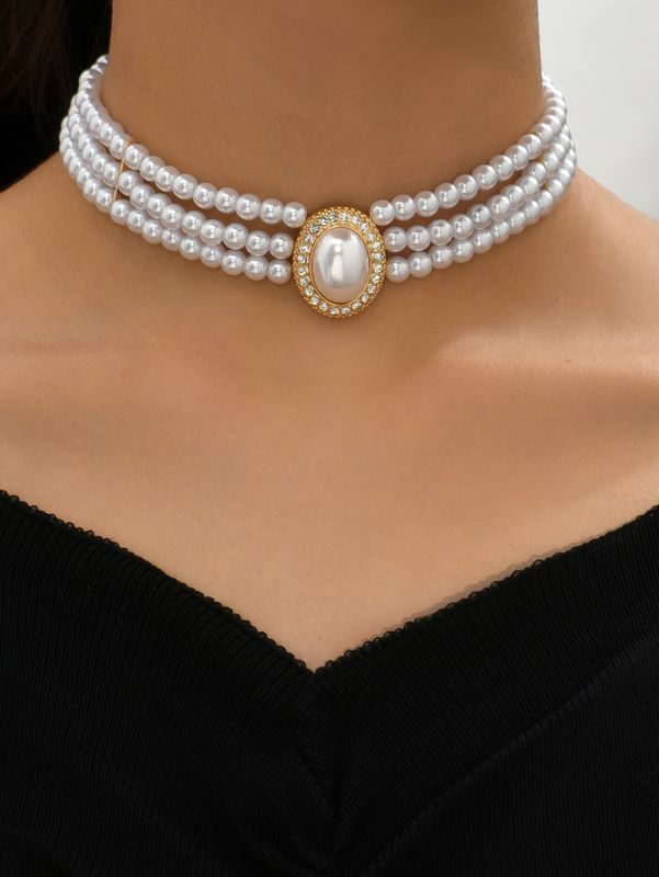 1 Pieza Elegante Oval Perla De Imitación En Capas Embutido Diamantes De Imitación Mujeres Gargantilla