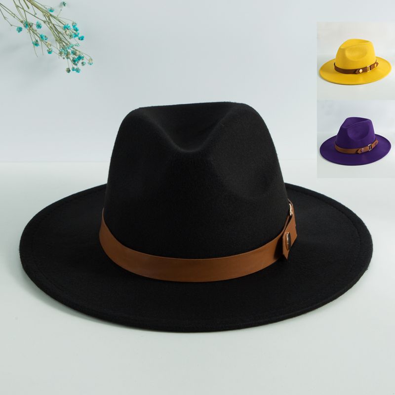 Unisex Elegant Vintage Style British Style Solid Color Belt Buckle Big Eaves Fedora Hat
