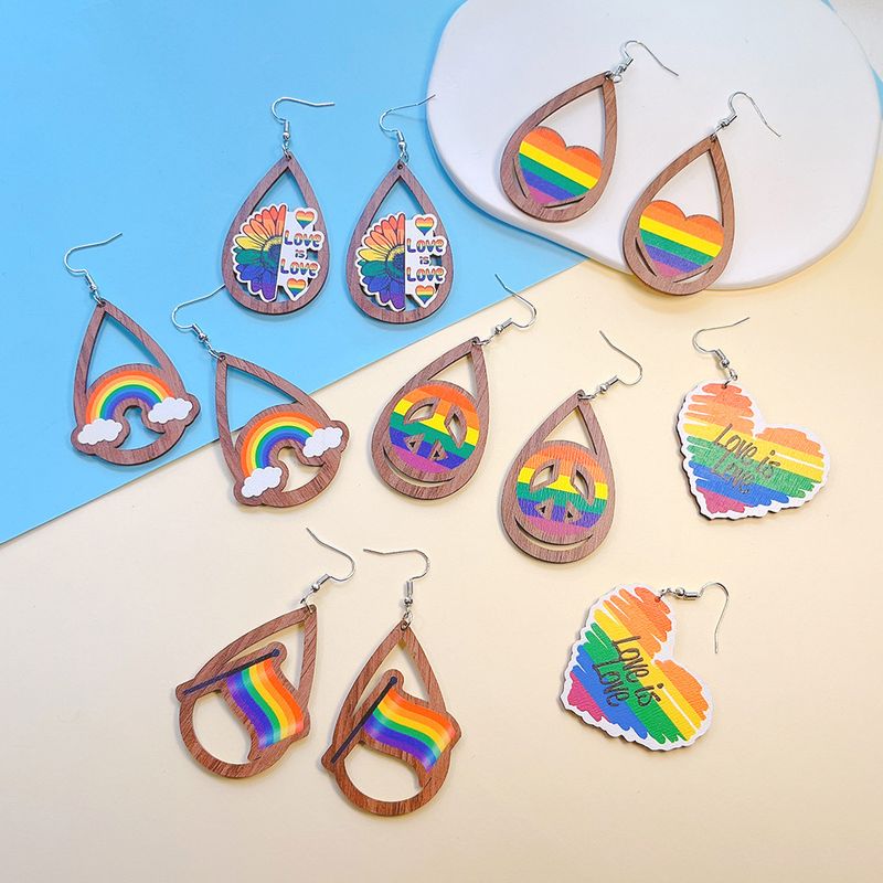 Wholesale Jewelry 1 Pair Sweet Letter Rainbow Heart Shape Wood Drop Earrings