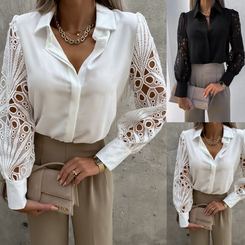 Women's Blouse Long Sleeve Blouses Hollow Out Elegant Solid Color
