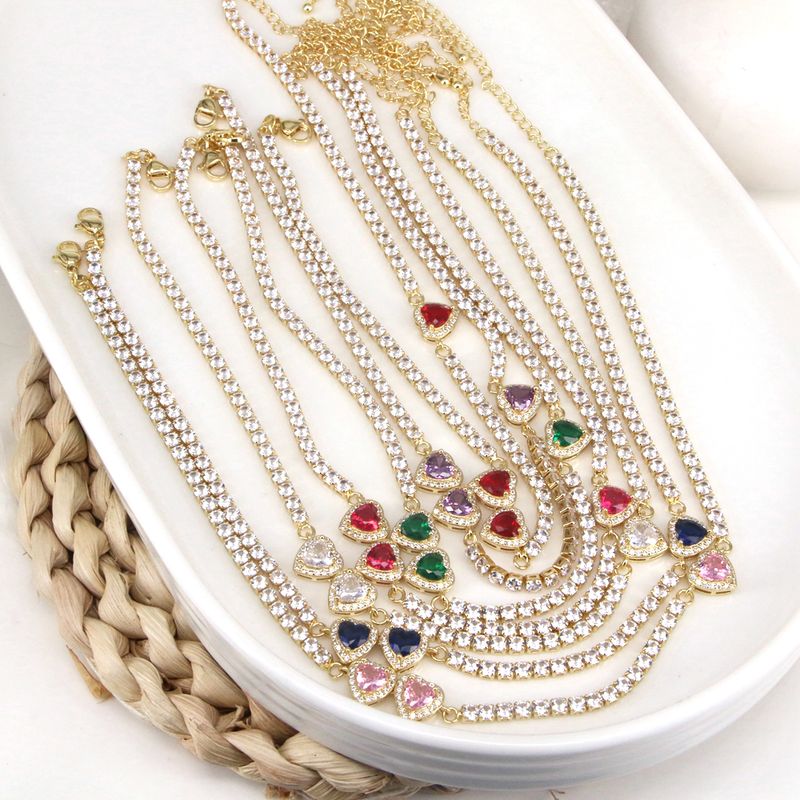 Elegant Simple Style Heart Shape Copper Gold Plated Zircon Necklace In Bulk