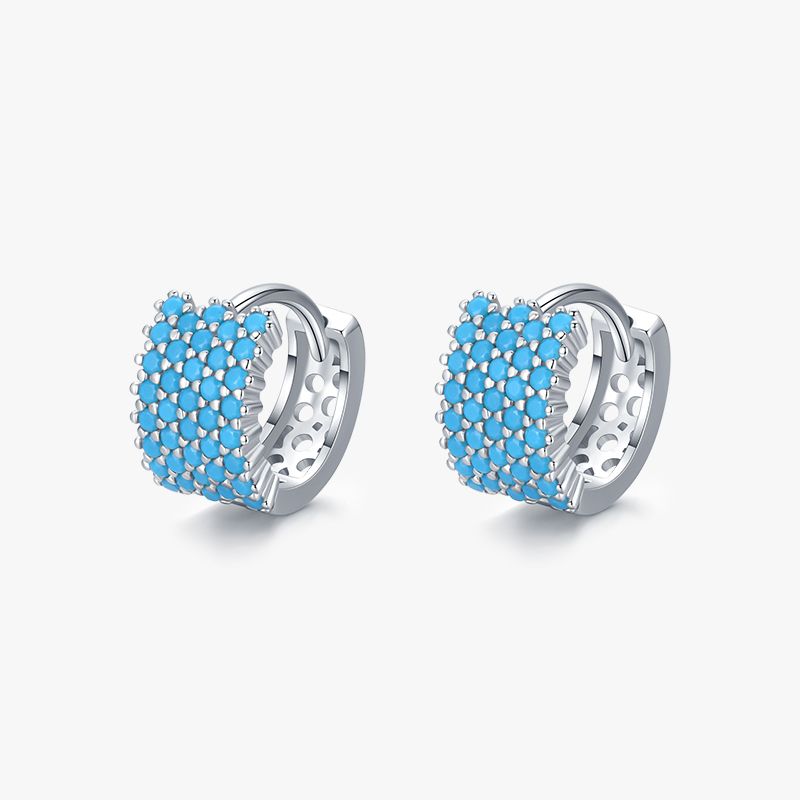 1 Paire Style Vintage Rond Argent Sterling Incruster Turquoise Plaqué Rhodium Des Boucles D'oreilles