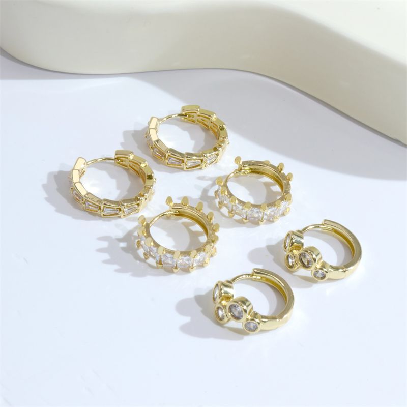 1 Pair Elegant Shiny Round Square Trapezoid Copper Plating Inlay Zircon Gold Plated Hoop Earrings