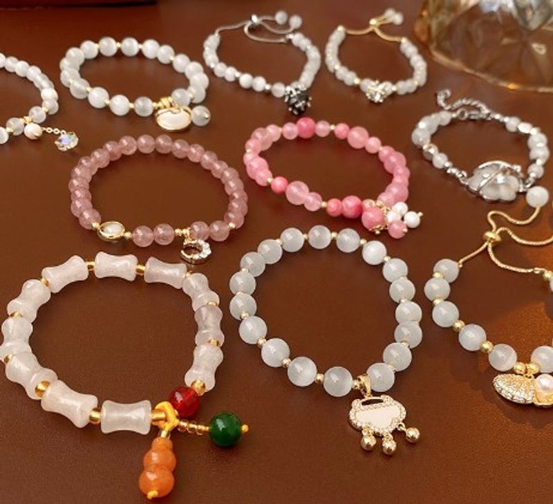 Sucré Forme De Cœur Fleur Coquille Alliage Perlé Placage Incruster Strass Opale Femmes Bracelets