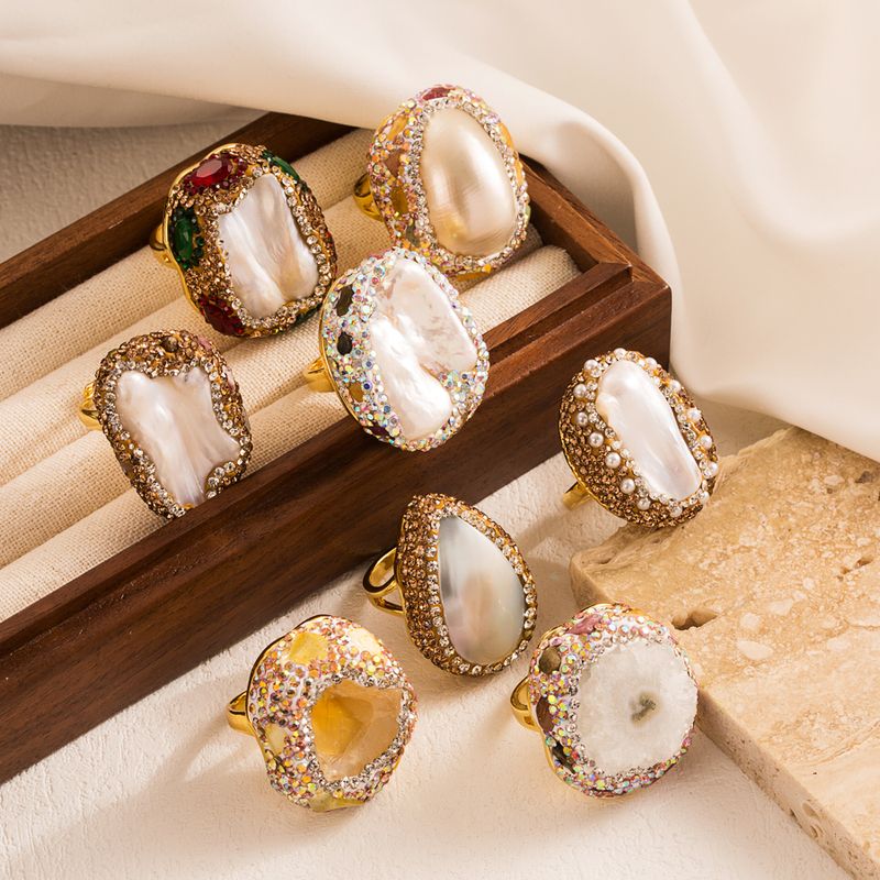 Vacation Oval Copper Gold Plated Pearl Zircon Open Ring In Bulk